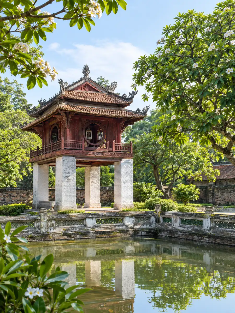 Der Khue-Van-Cac-Pavillon im Literaturtempel, ein kleiner zweistöckiger Pavillon auf vier weißen Ziegelpfeilern neben einem quadratischen Teich